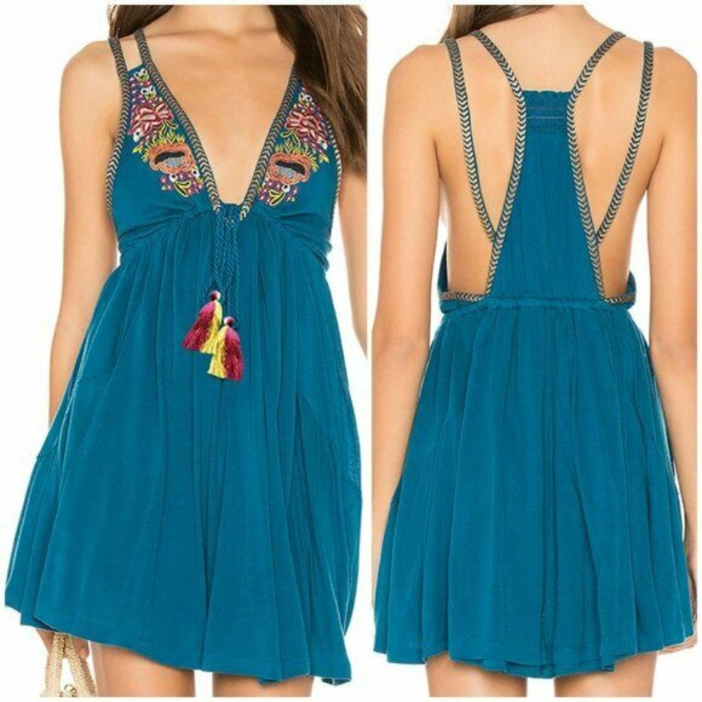 Free People Teal Embroidered Tassel Mini Dress
